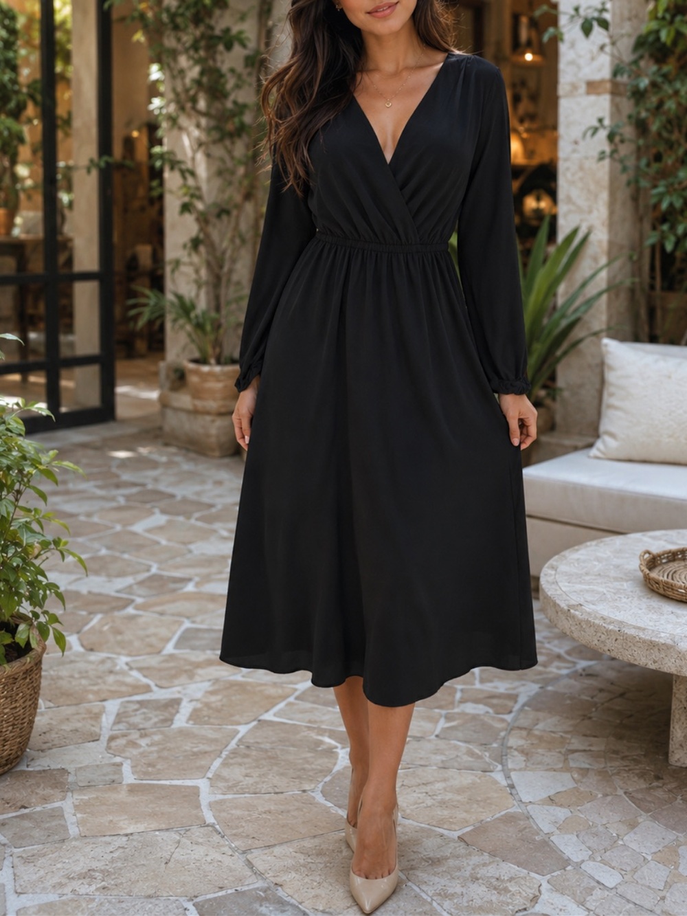 Banana Republic Black V-Neck Long Sleeve Midi Dress